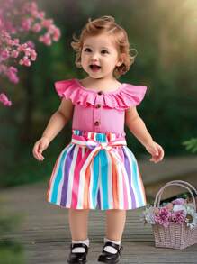 SHEIN Baby Girl Solid Color Ruffle Strap Tank Top & Striped Shorts 2Pcs Set