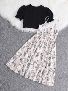 SHEIN 2 件套 女童宽松休闲花卉印花吊带背心裙和短袖开衫 - 黑與白 - 查看 8