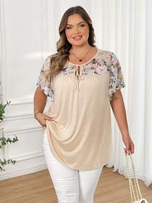 SHEIN CURVE+ 大码女式春季花卉印花系带撞色黑色衬衫 - 杏色 - 查看 9