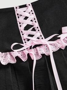 ROMWE Kawaii Chân váy chữ A xếp ly dây nơ dễ thương cho nữ, giản dị và dễ thương - màu đen - Xem 4