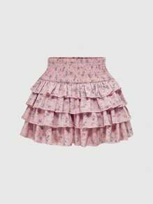 ROMWE Kawaii Women's Casual Ditsy Floral Ruffled Hem Skirt - Pink - View 1