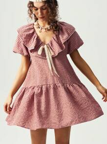 Bohemela 女士纯色拼接短袖褶边休闲短裙 - 黑色 - 查看 4