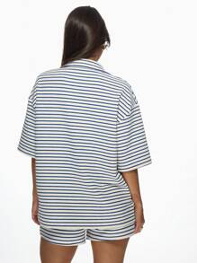 MISSGUIDED Striped Terry Cloth Button Down Oversized Short Sleeve Summer Beach Cover Up Resort Lounge Shirt Towelling Blouse - Blue - View 2