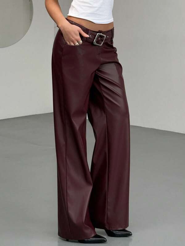 Aloruh Burgundy PU Leather Pocket Waist Straight Leg Pants For Women