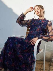 Aveloria Rosie Elegant French Texture Flower Embroidery Long Sleeve Dress, Fitted Waist Flared Hemline, Luxury Vibe, Spring All Over Floral Print For Spring Fall - Navy Blue - View 8