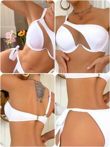 Swim DD+ Mesh Insert High Waist Sexy Asymmetrical Neck Bikini Set, For Summer Beach Vacation - White - View 8