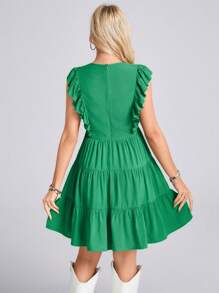 SHEIN LUNE Sea Dress Western Boho Women Short Dresses St Patrick Day Green Ruffle Sleeves Tiered Holiday Ladies Short Dress - Green - View 2