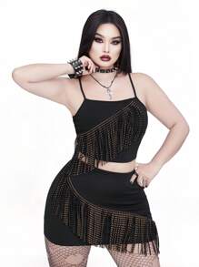 Whyspr Conjunto de 2 Peças Top e Mini Saia com Franjas em Malha Preta, Estilo Simples Oeste, para Mulheres Acima do Tamanho, Festival de Música e Férias, Primavera & Verão - Preto - Visão 1