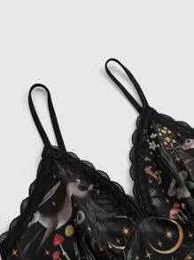 ROMWE Fairycore 假日海滩和夏季音乐节哥特女孩可爱嬉皮狐狸、兔子、植物、蘑菇印花蕾丝吊带背心女士 - 黑色 - 查看 3