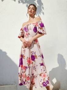 Aveloria Rosie Random Flower Print Square Neck Ruffle Hem Pleated Bust Trim Summer Short Sleeve Dress Vacation Outfits Woman  Boho Beach Fashionable Style For Spring Fall - Purple - View 3