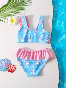 Young Girl Ruffled Rainbow Horse Print Tankini Swimwear Set - Multicolor - View 3