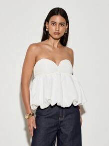 AiiRZ 无肩带甜心领口泡泡下摆上衣荷叶边抹胸束腰风格晚会俱乐部夏季优雅结构芭蕾时尚上衣 - 白色 - 查看 1