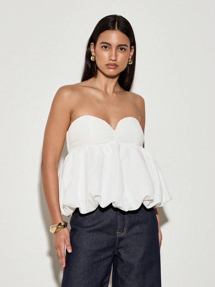 AiiRZ 无肩带甜心领口泡泡下摆上衣荷叶边抹胸束腰风格晚会俱乐部夏季优雅结构芭蕾时尚上衣 - 白色 - 查看 1