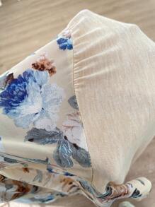 SHEIN CURVE+ 大码女式春季花卉印花系带撞色黑色衬衫 - 杏色 - 查看 11