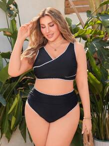 SHEIN Swim Curve 2 件大码女式黑色针织对比色简约比基尼套装，度假，夏季海滩 - 黑色 - 查看 4