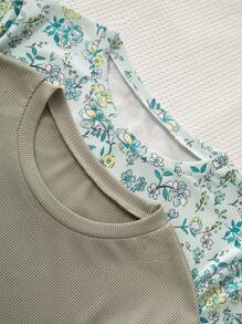 Conjunto de pijama de 4 peças com Top de manga curta e calça, estampa floral, malha texturizada nervurada, confortável, para meninas pré-adolescentes - Multicolorido - Visão 4