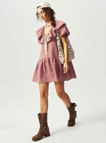 Bohemela 女士纯色拼接短袖褶边休闲短裙 - 黑色 - 查看 5