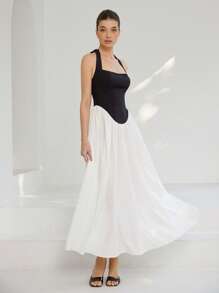 GENKIRA Vestido largo hasta el tobillo sin mangas con cintura fruncida y parches de malla, en estilo francés elegante para mujeres - Negro - Ver 1