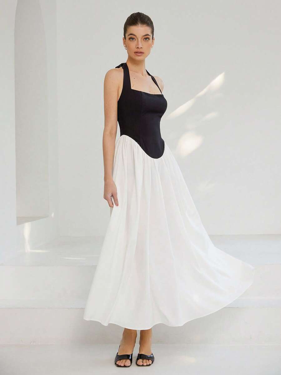 GENKIRA Vestido largo hasta el tobillo sin mangas con cintura fruncida y parches de malla, en estilo francés elegante para mujeres - Negro - Ver 1
