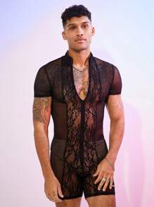 FeverCity Men's Lace Contrast Mesh Slim Fit Jumpsuit & Bib Pants - Black - View 1