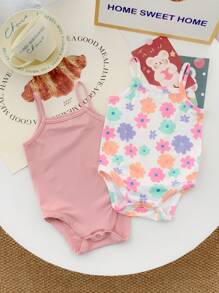 SHEIN Set de 2 piezas de ropa de primavera/verano para bebé niña con body de punto con patrón floral lindo