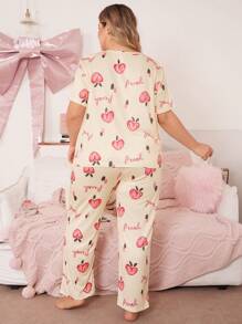 Cartoon Peach Print Plus Size Short Sleeve Top & Pants Pajama Set