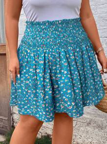 SHEIN LUNE Plus Size Ditsy Floral Drawstring Waist Casual Skirt Boho Old Money - Blue - View 3