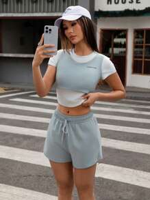 Hanevo Set da 3 pezzi per donna con top a maniche corte e pantaloncini, semplice e , per uso casual quotidiano - Multicolore - Visualizzare 4