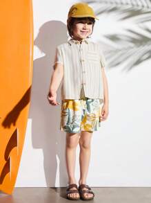 SHEIN Young Boys Beige Plant Print Elastic Waist Loose Sweatshirt Fabric Shorts Casual Holiday Style, Outdoor Sports Style - Beige - View 5