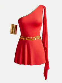 少女服装套装（连衣裙、腰带、手套） - 紅色 - 查看 1