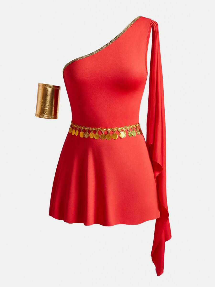 少女服装套装（连衣裙、腰带、手套） - 紅色 - 查看 1