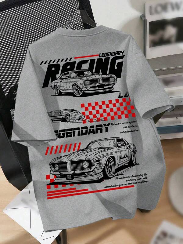 SHEIN Racing Car Print Casual Crew Neck Short Sleeve T-Shirt For Teen Boys, Suitable For Summer