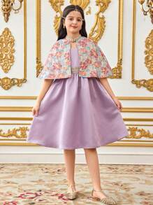 SHEIN Leap Crew Tween Girl Fit Elegant Casual Jacquard Small Stand Collar Waistcoat Dress & Cape Two-Piece Set - Purple - View 6