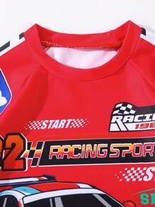 SHEIN 3pcs/Set Young Boy Kids Comfortable, Casual, Cute, Fashionable Racing Car Pattern Red Swimsuit Three Pieces Set With Swimming Cap, Suitable For Spring And Summer Seasons, Suitable For Outdoor Vacation, Swimming, Soaking In Hot Springs, Wearing Swimsuit Cover Up, Beach Swimming, Beach Surfing Vacation - Red - View 7