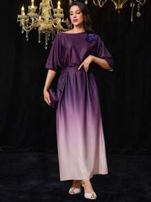 Modelyn Women's Ombre Gradient Oblique Shoulder Short Sleeve Casual Long Dress - Purple - View 3