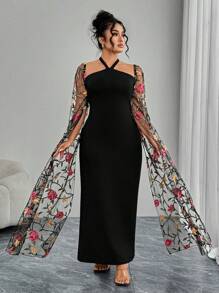 Modelyn Elegant Knit Contrast Mesh Embroidery Extra Long Sleeve Fitted Dress, Plus Size, Spring & Summer - Multicolor - View 7