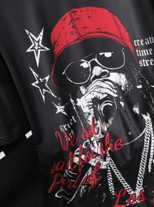 SHEIN 2 件套青少年男孩街头服饰黑色圆领短袖 T 恤，带字母和肖像图案，宽松落叶印花短裤套装，新夏季系列 - 彩色 - 查看 4