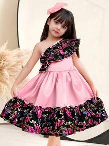SHEIN Young Girls Asymmetrical One Shoulder Jacquard Patchwork Ruffle Hem A-Line Dress ,Spring/Summer Ramandan Style Matching Family Vacation , A-Line Dress,Cake Dress,Gorgeous Princess, Formal Attire,Sibling Outfits,Party Wear ,Birthdays Sisters Outfit - Multicolor - View 2