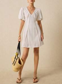 Poéselle Classic White Elegant Puffy Sleeve Pleated Mini Dress - A Timeless Choice For Summer Events And Daytime Outings, White Dresses, Summer Women's Clothing - White - View 7