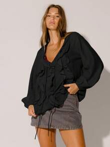 Aralina Casual Winter/Fall Semi Sheer Y2k Ruffled Sexy V-Neck Long Sleeve Front Tie Blouse - Black - View 6