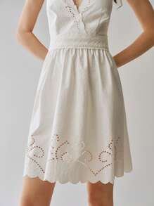 SHEIN LUNE Women's V-Neck Cinched Waist Burnout Textured Slip Dress - White - View 8