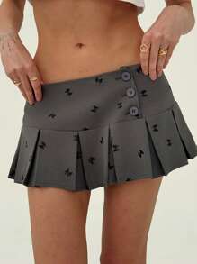 Aloruh Combo váy xếp ly cạp trễ thanh lịch, nơ xinh xắn, thêu tương phản, chống nhấp nháy, siêu ngắn, kèm quần short - Xám - Xem 5