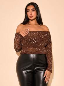 SHEIN BAE Parte superior de manga larga con decoración de strass transparente y sin tirantes, elegante y sexy para mujer de talla grande, ideal para fiestas y cumpleaños