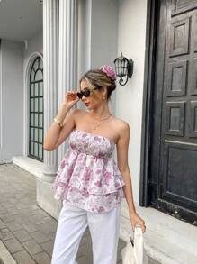 Chiquease Women's Vacation Floral Print Cropped Layered Bustier Top - Pink - View 1