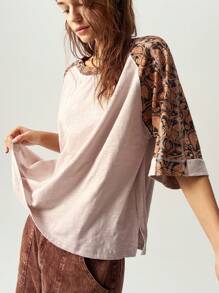 Bohemela 休闲针织圆领插肩短袖宽松大码 T 恤 - 駝色 - 查看 7