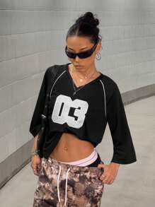 SHEIN Unity Oversized Casual Personalized Numeric Print T-Shirt, Football Sports Event - Black and White - View 6