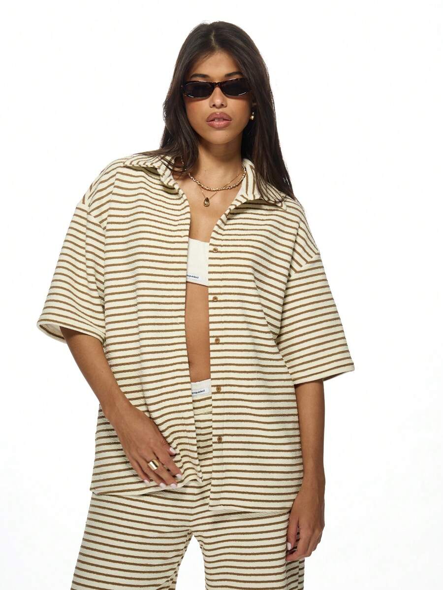 MISSGUIDED Striped Towelling Longline Shirt - Apricot - View 1