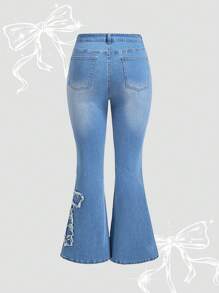 SHEIN MOD Plus Size Bowknot Elastic Skinny Flare Jeans, Blue Summer Vacation Woman 90s Spring For Women Y2k Cowgirl For Women Rave Spring Break Going Out Streetwear 2000s Style Rave Country Concert Festival For Women Gyaru Concert Women Easter Women Jeans - Blue - View 2