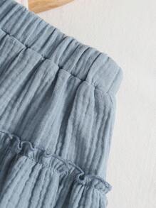 Baby Girls' 2pcs Set: Ribbed Mesh Puff Sleeve Top + Layered Ruffle Hem Skirt, Summer - Apricot - View 6