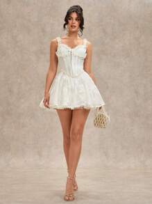 SHEIN BAE 纯白色优雅甜美浪漫 3D 蝴蝶蕾丝细肩带女式吊带背心、薄纱公主裙，适合鸡尾酒会、浪漫约会、分层穿着、派对、正式场合、晚会、婚礼、伴娘、万圣节、圣诞节 - 白色 - 查看 5